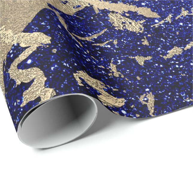 Papel De Presente Cobalt Blue Glitter Sepia Dourada Marble Stone Met (Ponta do rolo)