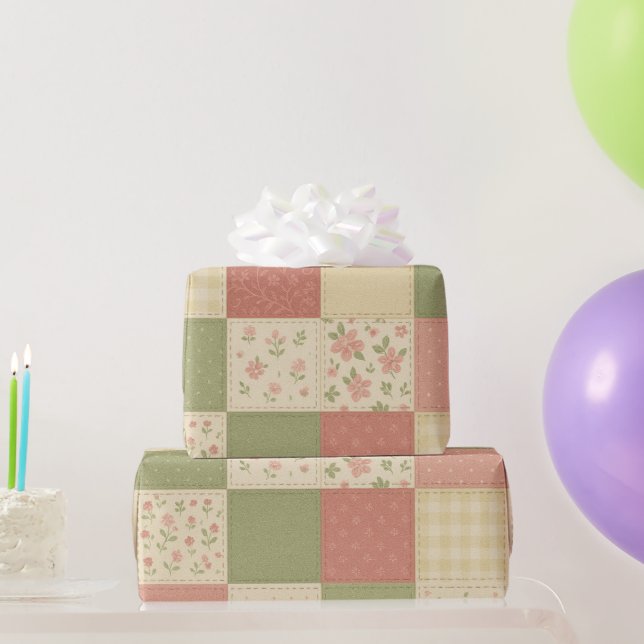 Papel De Presente Coberta Xadrez Rosa Verde Patchwork Floral Fazenda (Presentes para festas)