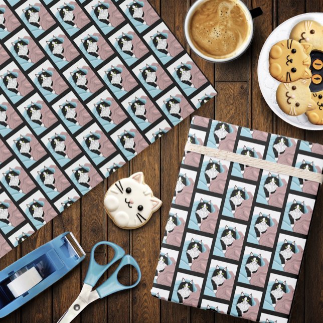 Papel De Presente Cobertores de Gato Tuxedo Caprichoso Rosa Azul Aco (Criador carregado)