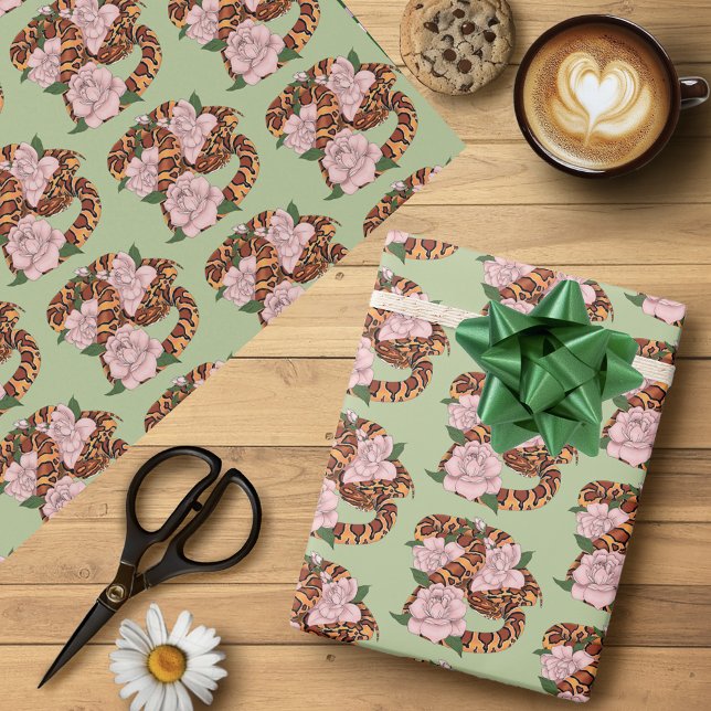 Papel De Presente Cobra de Milho Vibrante Flores de Peônia Rosa Verd (Criador carregado)