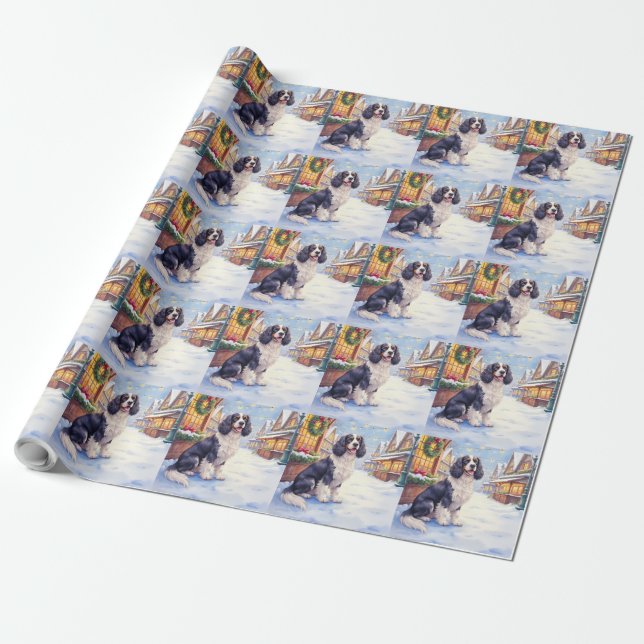 Papel De Presente Cocker Spaniel Aldeia Nevada Arte de Natal (Desenrolado)