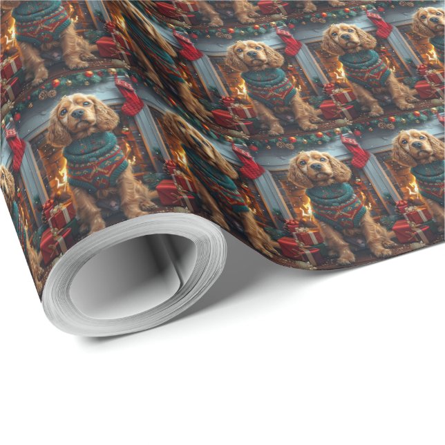 Papel De Presente Cocker Spaniel com Presentes de Natal na Lareira (Ponta do rolo)