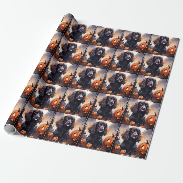 Papel De Presente Cocker Spaniel de Halloween com Abóboras (Desenrolado)