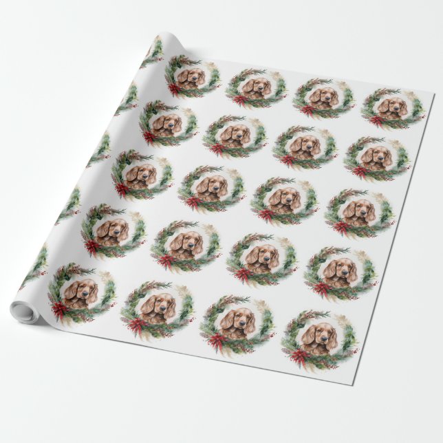 Papel De Presente Cocker Spaniel Wreath Festivo (Desenrolado)