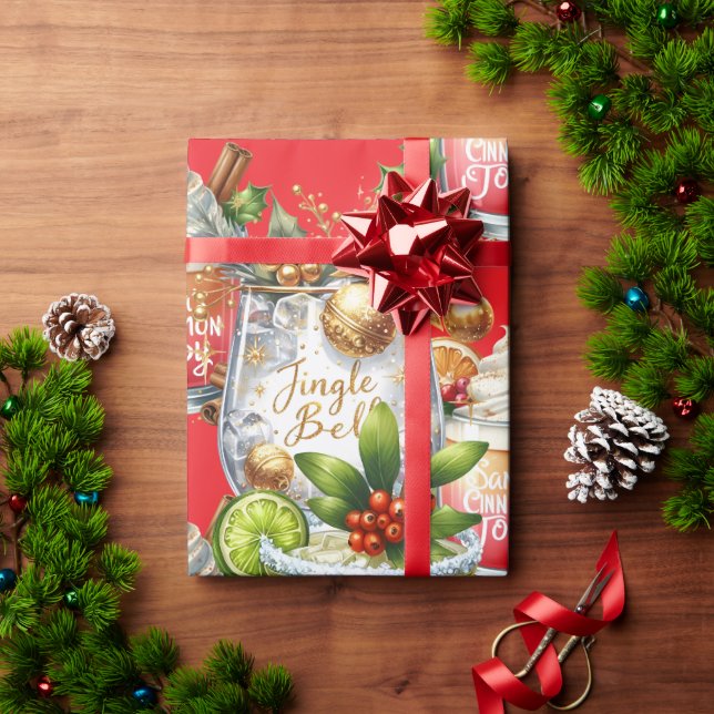 Papel De Presente Cocktail Christmas Party with Drinks on Red (Presente de Natal)