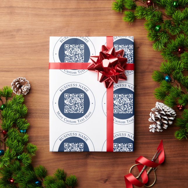 Papel De Presente Código QR & Texto personalizáveis | Azul-marinho e (Presente de Natal)