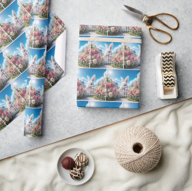 Papel De Presente Coelhinho Branco em um jardim de Primavera (Artesanato)