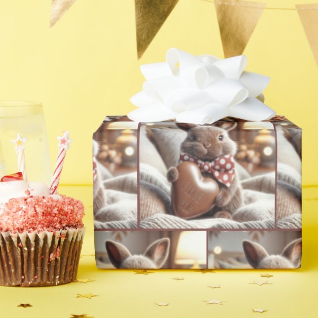 Papel De Presente Coelhinho Com Eu Te Amo Coração De Chocolate (Festa de aniversário)