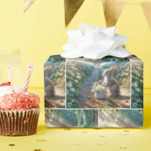 Papel De Presente Coelhinho com uma cesta de margaridas brancas
