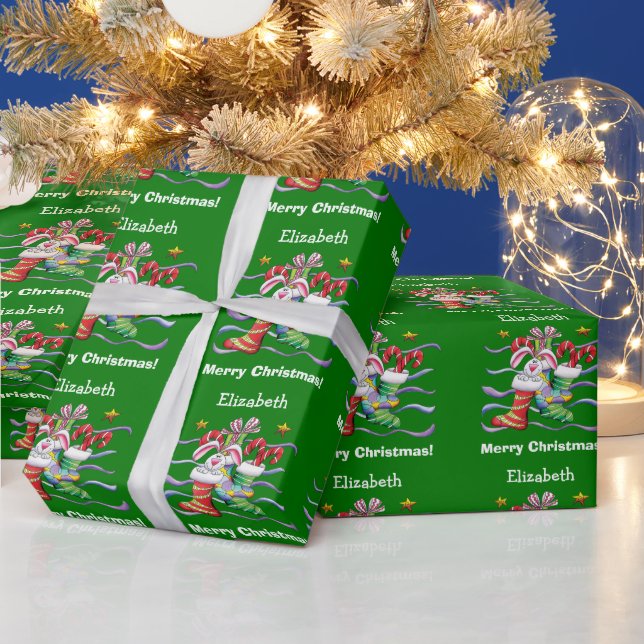 Papel De Presente Coelhinho de Natal Verde Personalizado (Feriados)