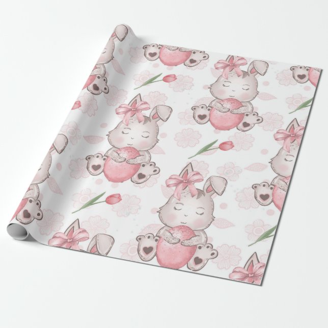 Papel De Presente Coelhinho de Páscoa Rosa Bonito (Desenrolado)