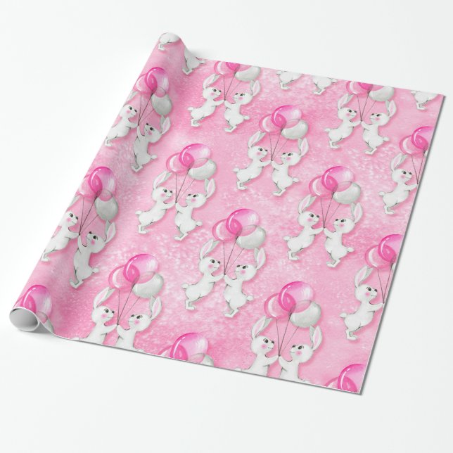 Papel De Presente Coelhinho e balões. Rosa (Desenrolado)