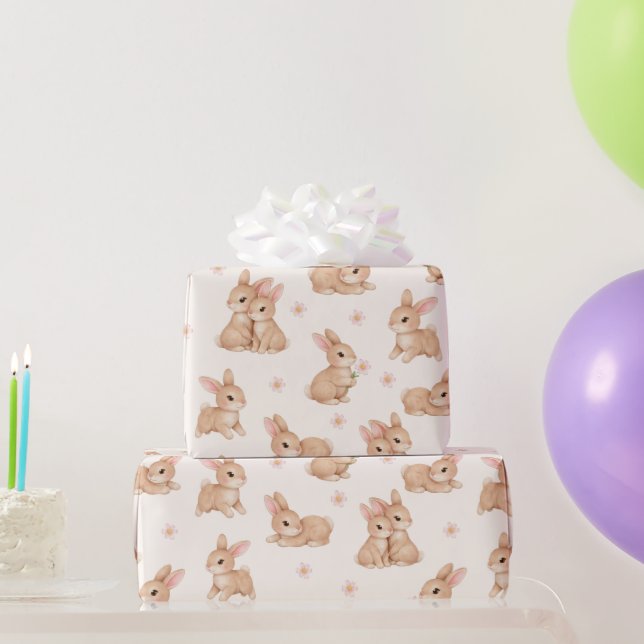 Papel De Presente Coelhinhos e Flores em Aquarela - Padrão (Presentes para festas)