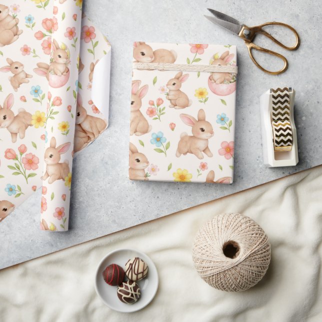 Papel De Presente Coelhinhos e Flores em Aquarela - Padrão (Artesanato)
