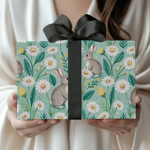 Papel De Presente Coelhinhos Fofos Sentados Entre Margaridas Brancas