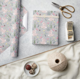 Papel De Presente coelho bonito com flores e borboletas