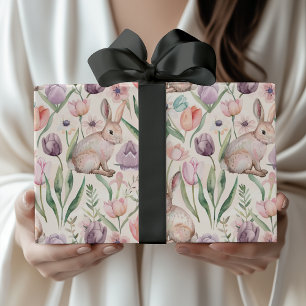 Papel De Presente Coelho Cinza Fofo com Tulipas Coloridas