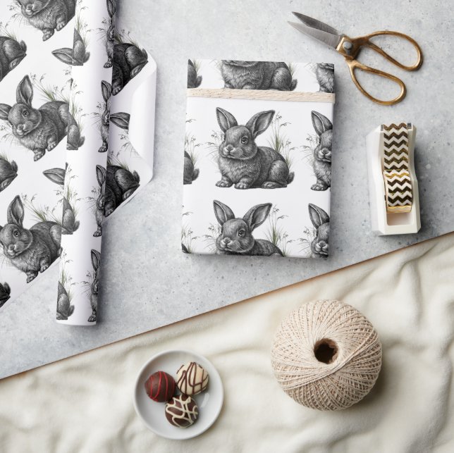 Papel De Presente Coelho Cinza Fofo Entre a Grama (Artesanato)