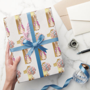 Papel De Presente Coelho Clássico Primeiro Aniversário Dourado Númer