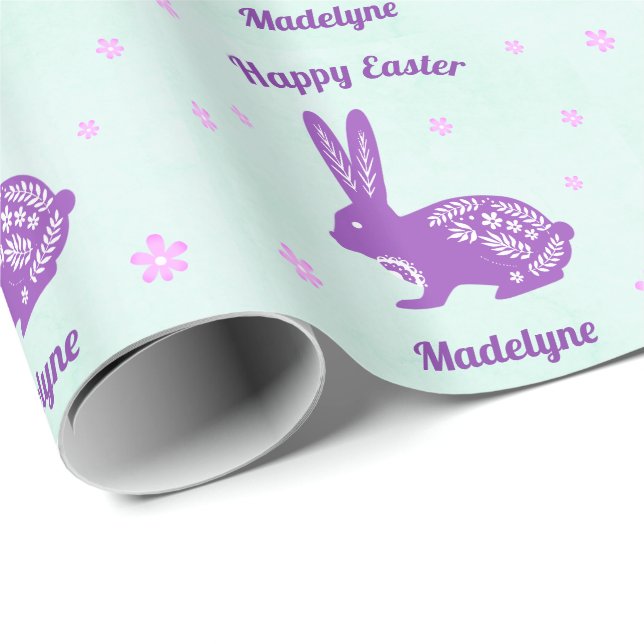 Papel De Presente Coelho da Páscoa Coelhinho Margaridas Roxo Persona (Ponta do rolo)