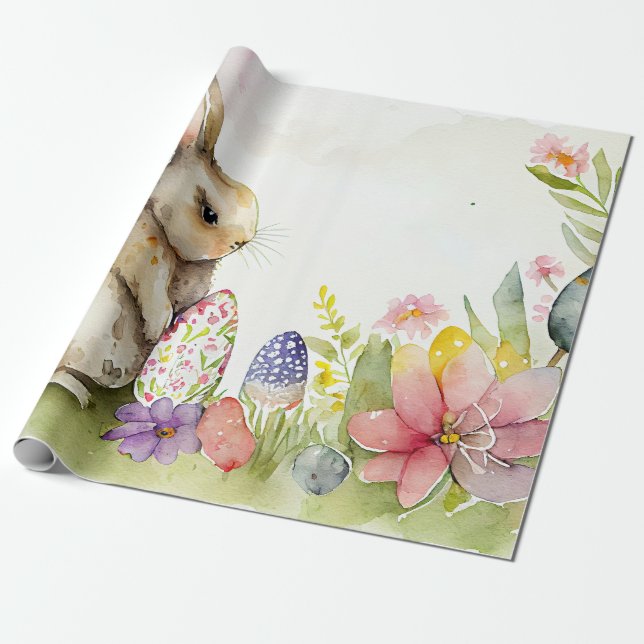 Papel De Presente Coelho da Páscoa com ovos pintados no jardim (Desenrolado)