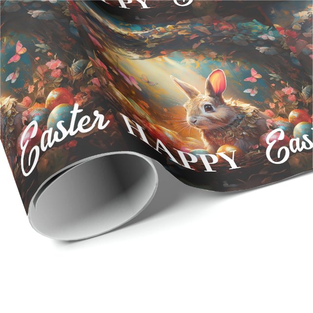 Papel De Presente Coelho da Páscoa feliz com ovos da Páscoa (Ponta do rolo)