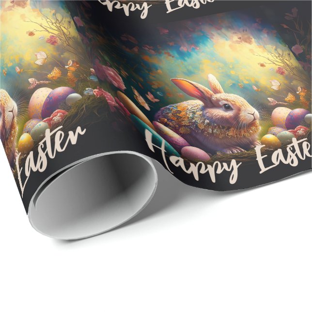 Papel De Presente Coelho da Páscoa feliz com ovos de Páscoa (Ponta do rolo)