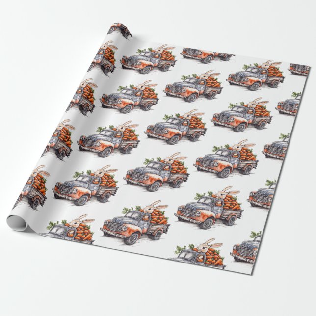 Papel De Presente Coelho da Páscoa no caminhão de colheita rústico (Desenrolado)