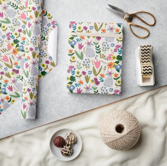 Papel De Presente coelho da Páscoa padrão floral cinza (Artesanato)
