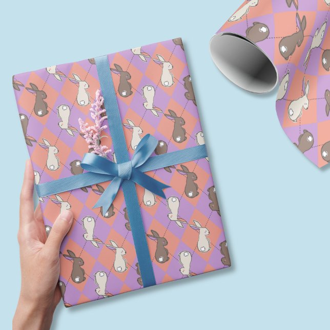 Papel De Presente Coelho da Primavera Rosa e Roxo Argyle Pastel  (Easter rabbit pastel wrapping paper is cute throughout spring and beyond!)