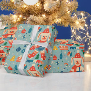 Papel De Presente Coelho de Natal Vintage, Enfeites e Cana-de-Açúcar