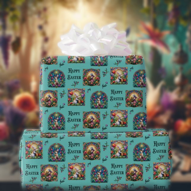 Papel De Presente Coelho de Páscoa Azul Turquesa Elegante Vidro Pint (Criador carregado)