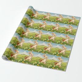 Papel De Presente Coelho de Páscoa de Prado de Primavera Vintage 