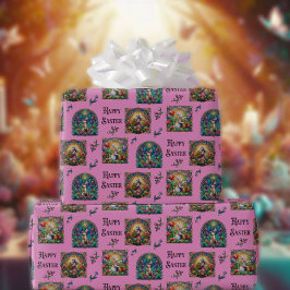 Papel De Presente Coelho de Páscoa Feliz Rosa Vidro Pintado Elegante