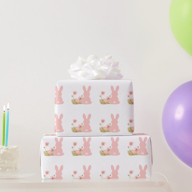 Papel De Presente Coelho de Páscoa Rosa Fofo com Flores da Primavera (Presentes para festas)
