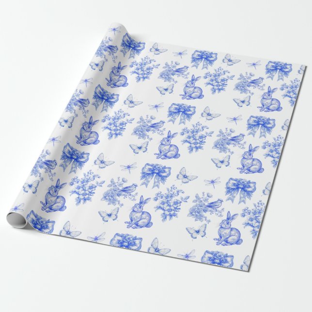 Papel De Presente Coelho do Jardim de Chinoiserie Azul (Desenrolado)