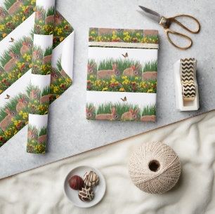Papel De Presente Coelho em Jardim de Flores Primavera/Páscoa