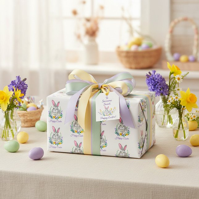 Papel De Presente Coelho floral roxo e amarelo Feliz Páscoa (Criador carregado)