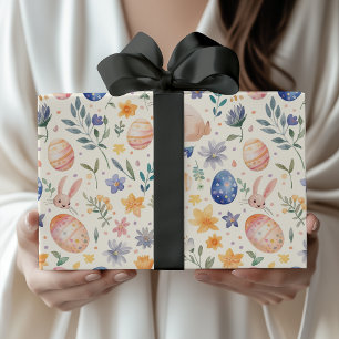 Papel De Presente Coelho Flores Ovos Pastel Aquarela Atemporal