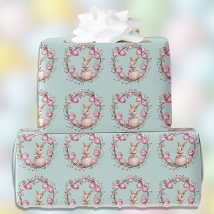 Papel De Presente Coelho Fofo com Ovos de Páscoa Cor-de-Rosa e Grina