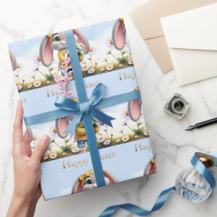 Papel De Presente Coelho orelhas rosa margaridas brancas Feliz Pásco