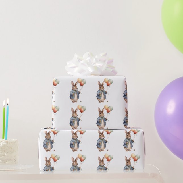 Papel De Presente Coelho segurando balões coloridos  (Presentes para festas)