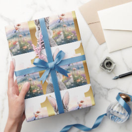 Papel De Presente Coelho soprando chiclete azul no primeiro aniversá