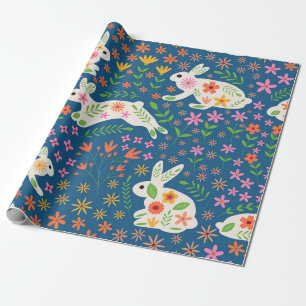 Papel De Presente Coelhos Brancos com Flores Coloridas Caprichosas