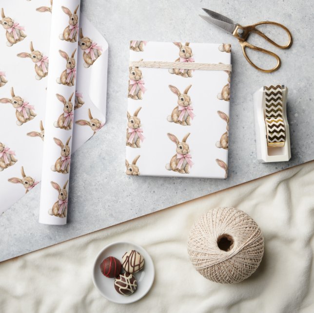 Papel De Presente Coelhos Bunny com Laço Rosa Aniversário   (Artesanato)