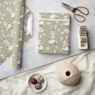 Papel De Presente Coelhos com Cenouras Flores de Margarida Verde Ani