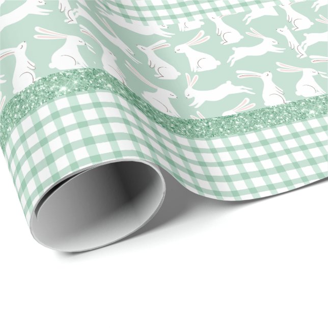 Papel De Presente Coelhos de Xadrez Gingham com brilho verde (Ponta do rolo)