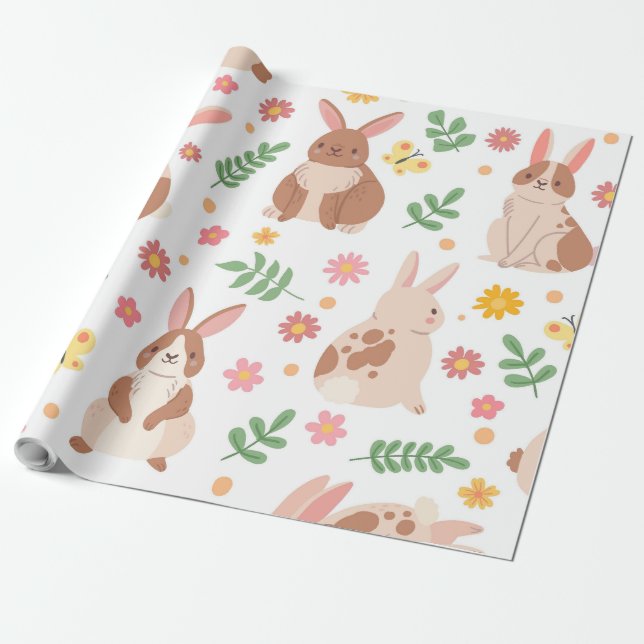 Papel De Presente Coelhos e flores de Páscoa (Desenrolado)