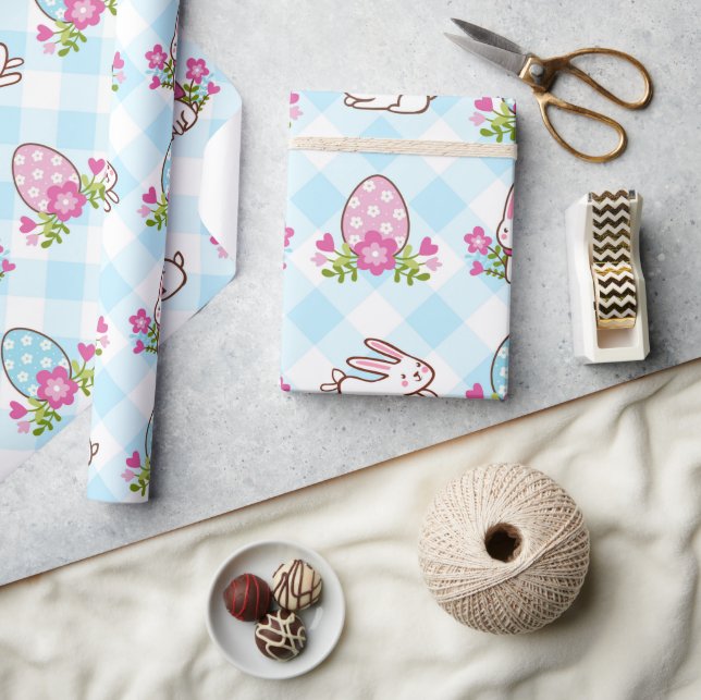 Papel De Presente Coelhos e Ovos Xadrez Azul (Artesanato)