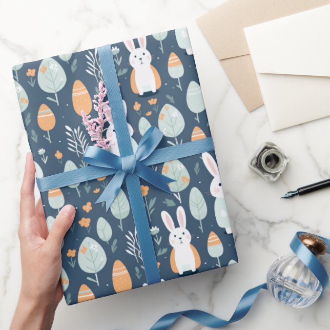 Papel De Presente Coelhos Jardinagem Azul E Laranja (Presentear)